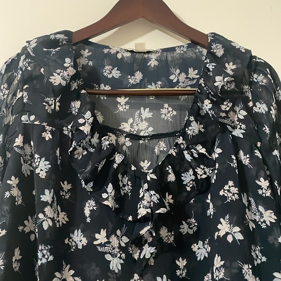 American Eagle Outfitters White Floral and Blue Ruffled Sheer Blouse Size XL - Picture 7 of 14